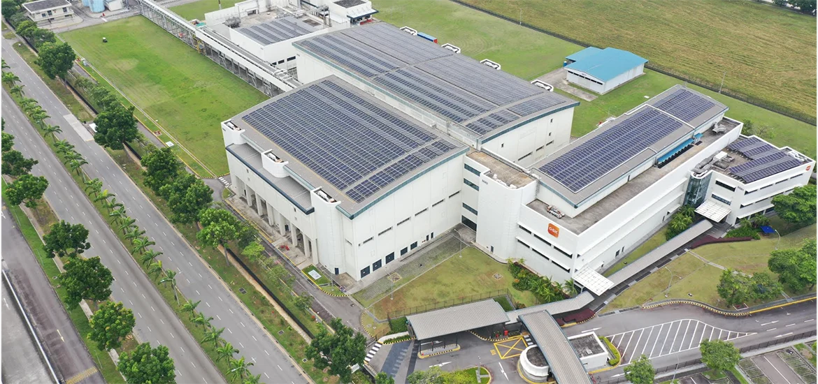 A bird's eye view of the existing solar panels at GSK's global vaccines manufacturing site in Tuas, Singapore. With this new deal, the electricity demand of all GSK manufacturing sites in the country, including Tuas, will be covered by renewable energy. 