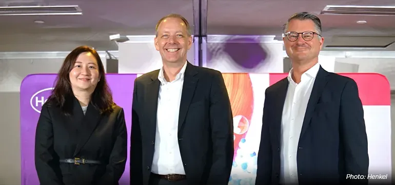 Above, from left: EDB’s Vice President and Head of Consumer, Fong Pin Fen, Henkel Singapore’s President, Thomas Holenia, and Henkel’s Executive Vice President Finance (CFO), Purchasing and Global Business Solutions, Marco Swoboda.