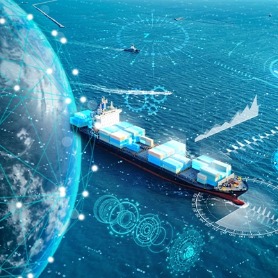 Cargo ship transporting containers at sea with digital graphics overlay representing global trade and logistics technology.