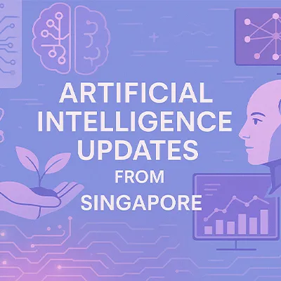 Illustration featuring AI-related graphics with a robot head, data charts, and circuit icons surrounding the text “Artificial Intelligence Updates from Singapore” on a purple background.