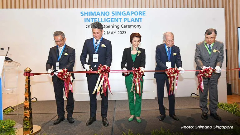 The Shimano Singapore Intelligent Plant was officially opened on 12 May 2023. From Left to right: President, Shimano Singapore Chia Chin Seng; President of Shimano Inc. Taizo Shimano; Minister of State, Ministry of Trade and Industry Low Yen Ling; and Chairman and CEO of Shimano Inc. Yozo Shimano; Honorary Chairman, Takenaka Corporation Toichi Takenaka. 