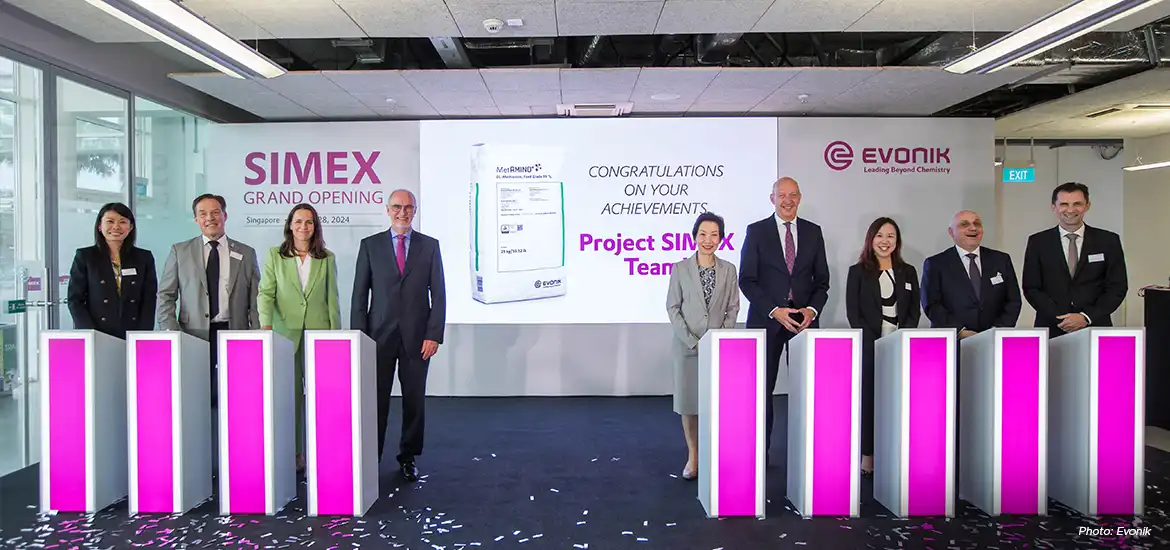 Minister for Sustainability and the Environment Grace Fu (fifth from left) along with Evonik's deputy chairman Harald Schwager (fourth from left) and other officials at the opening of the chemical giant's expanded facility on Jurong Island.