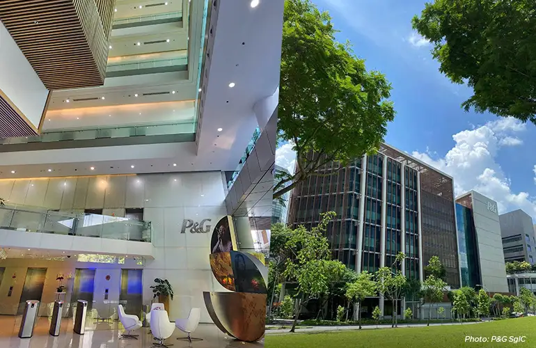 Exterior and lobby of P&G’s Singapore Innovation Centre. The centre is one of Singapore’s largest private research facilities and P&G’s regional innovation hub. 