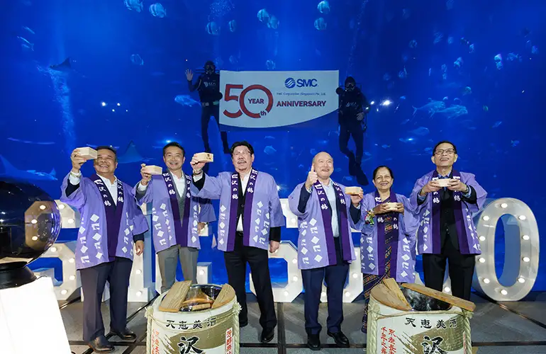 SMC celebrates its 50th anniversary in Singapore with a Sake Barrel Breaking Ceremony. From left to right: David Wong (Managing Director, SMC), Yoshiki Takada (President and CEO, SMC), Michael Chan (Regional Sales Director, SMC), Steven Loke (Director of Marketing, SMC), Munjit Kaur (Director of Human Resources, SMC), and John Lee (Director of Operations, SMC).