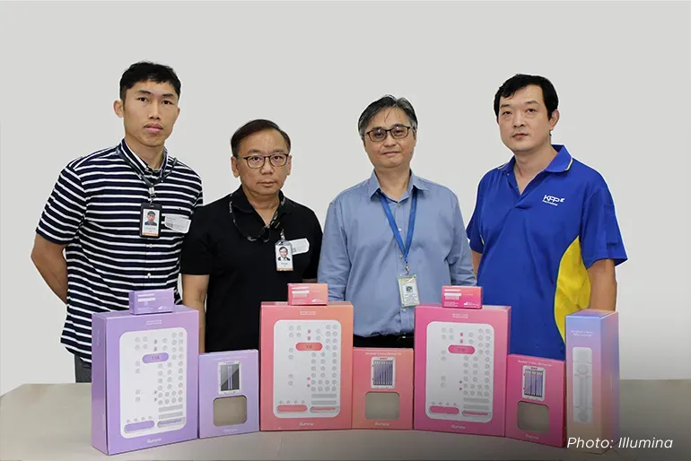 From left: Yap Ching Poh and Samuel Sim of Illumina, worked with Melvin Yong and Zheng Jin Long from KPP Packaging to develop cost-efficient and high-quality packaging.