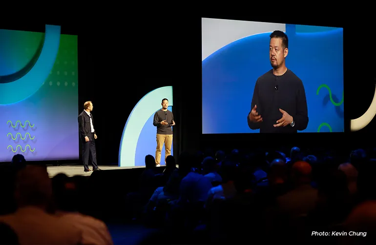 Kevin delivering keynote speech at Optimizely's annual conference, Opticon 2023.