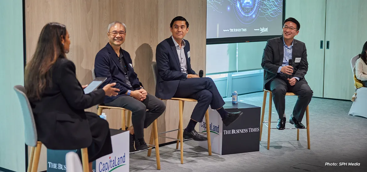 Regardless of the obstacles, panellists highlighted AI to be a force that cannot be ignored; from left Gabriel, The Business Times deputy news editor and moderator; Leslie Teo, senior director for AI products at AI Singa Wong Hwee Lim, head of digital international at CapitaLand Investment; and Victor Liang, head of data science for geo services at Grab.