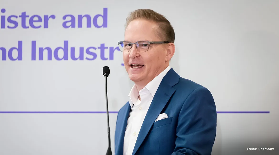 Pfizer’s chief global supply officer Mike McDermott speaking at the opening of the company’s new S$1 billion plant in Singapore on 23 July. (Photo: SPH Media)