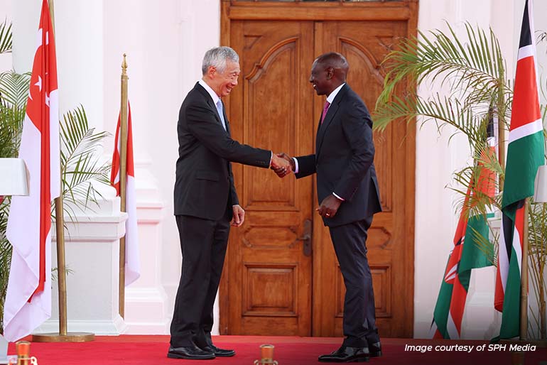 Singapore PM Lee Hsien Loong meeting Kenya President William Ruto in Nairobi on May 18, 2023. The two countries inked three deals at the meeting. 
