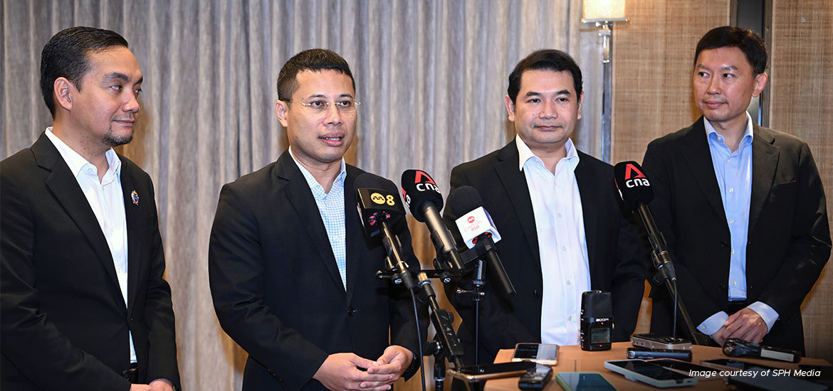 (From left) Johor Menteri Besar Onn Hafiz Ghazi, Minister for National Development Desmond Lee, Malaysian Minister of Economy Rafizi Ramli and Acting Minister for Transport Chee Hong Tat. 