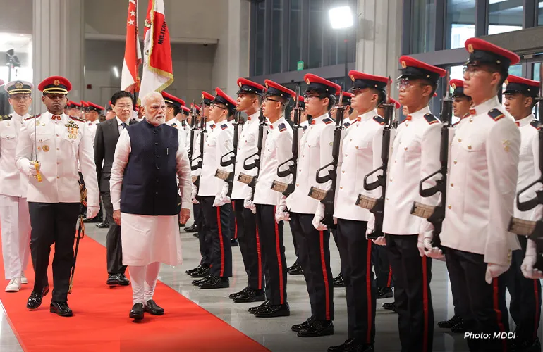 Prime Minister Lawrence Wong and Indian Prime Minister Narendra Modi inspect an honour guard on 5 September.