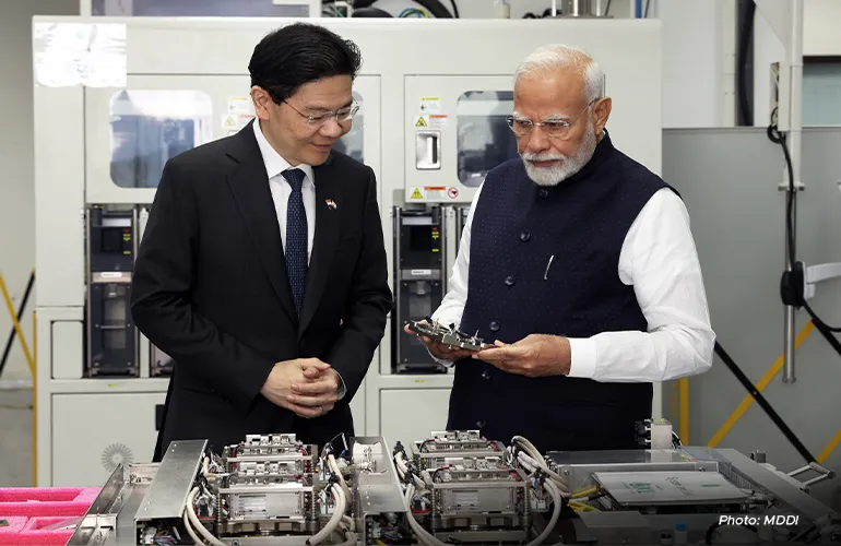 Prime Minister Lawrence Wong (left) and Indian Prime Minister Narendra Modi touring the semiconductor facility of Singapore-based company AEM on 5 September.