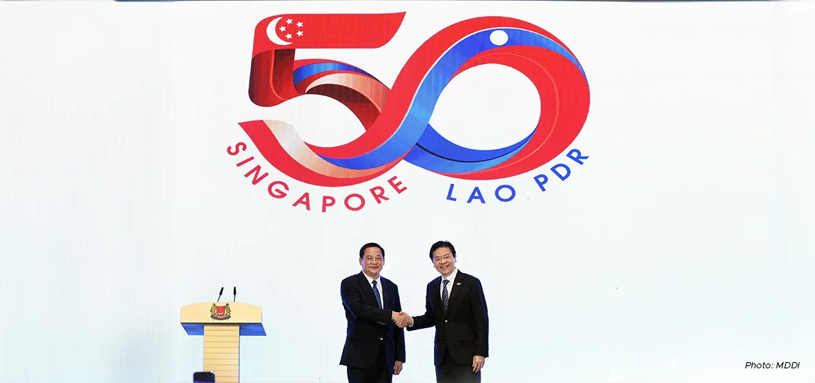 Prime Minister Lawrence Wong (right) welcoming Lao Prime Minister Sonexay Siphandone on his first official visit to Singapore on 9 July.