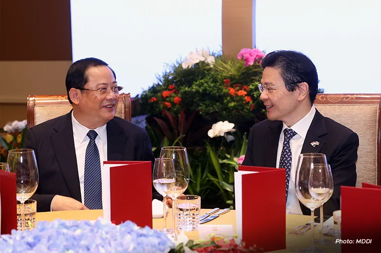 Lao Prime Minister Sonexay Siphandone (left) and Prime Minister Lawrence Wong at the official lunch on 9 July.