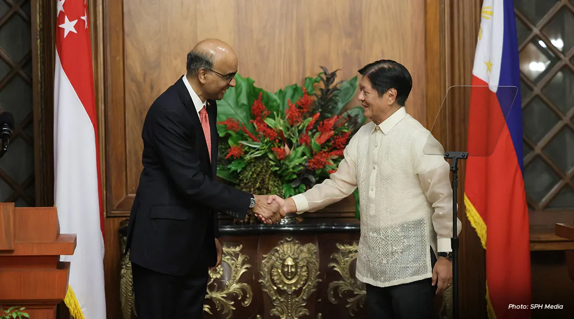 President Tharman Shanmugaratnam (left) meeting Philippine President Ferdinand Marcos Jr in Manila on 15 August.