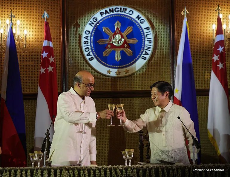 President Tharman Shanmugaratnam and Philippine President Ferdinand Marcos Jr making a toast during the state banquet on 15 August at Malacanang Palace in Manila.