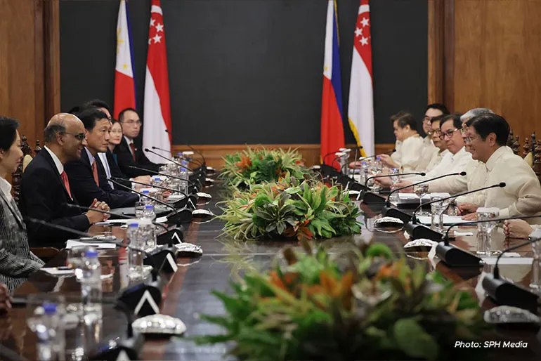 President Tharman Shanmugaratnam (second from left) at a bilateral meeting with Philippine President Ferdinand Marcos Jr (right) in Manila on 15 August.