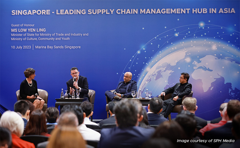 (From left) Moderator Sue Breniman, who is Gartner Asia-Pacific Vice-President for Supply Chain, and panellists Theo Kneepkens, Senior Vice-President for Global Operations at KLA Corp; Sanket Buche, Vice-President for Product Supply at Procter & Gamble; and Carlos Mandia of BASF South East Asia. 