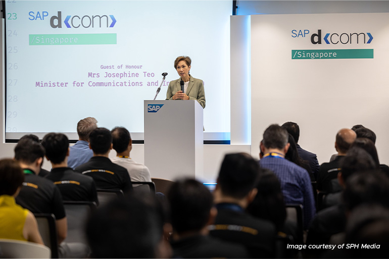 Minister for Communications and Information Josephine Teo speaking at the tech developers’ conference SAP d-com on June 14. 