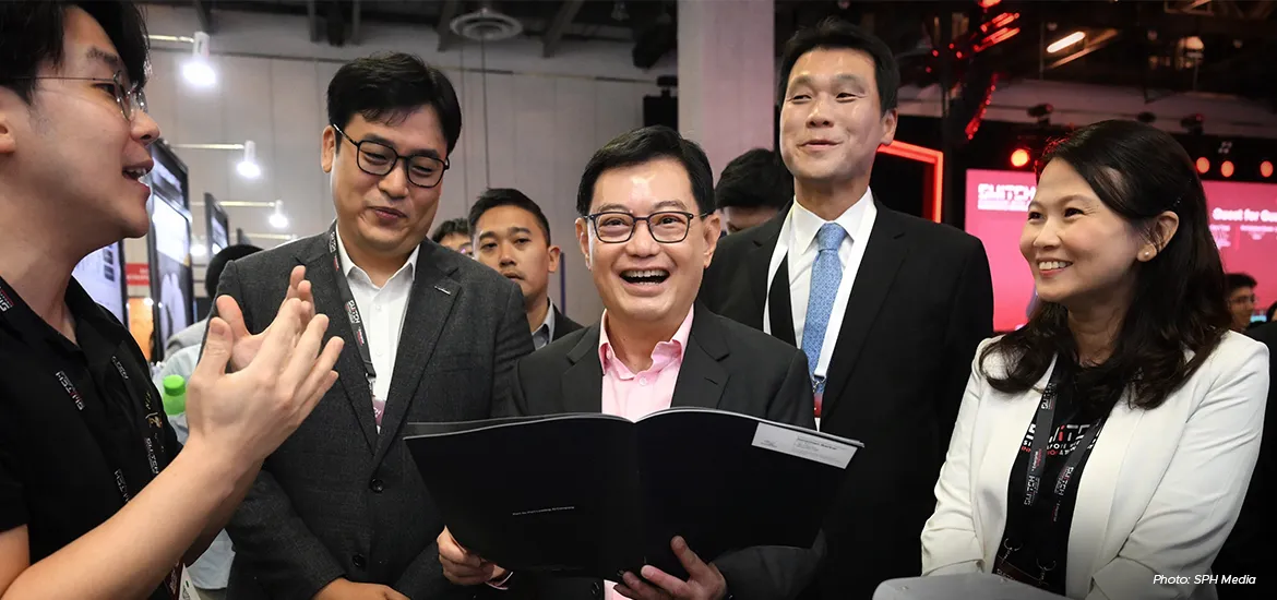 Deputy Prime Minister Heng Swee Keat (centre) touring the exhibition booths at Switch 2024 on 28 October.