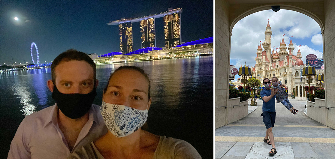 Noah with his wife along Marina Bay Sands pictured on the left; and with his daughter at Universal Studios Singapore pictured on the right