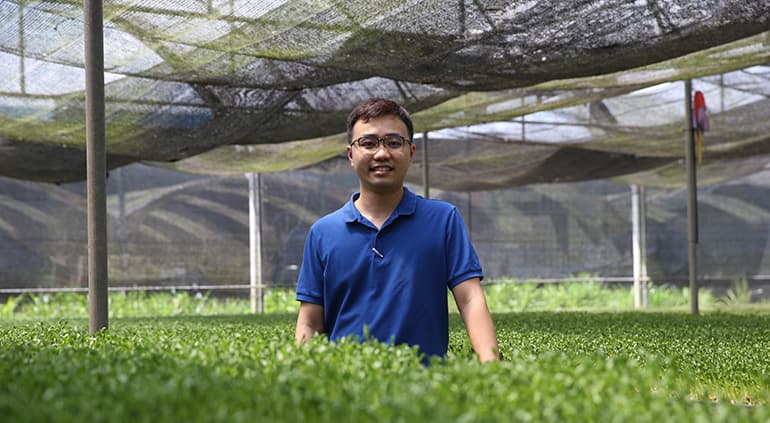 Kin Yan farm manager Ng Zhen Khan. The company produces about 14 tonnes of mushrooms, six tonnes of wheatgrass and more than 16 tonnes of pea sprouts monthly. Image courtesy of SPH Media.