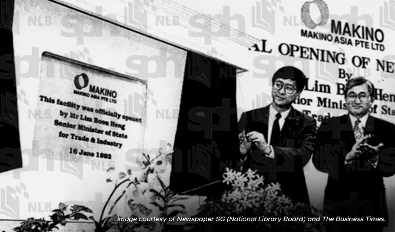 Above: Former Senior Minister of State for Trade and Industry, Lim Boon Heng, and Former President of Makino Milling Machine Co Ltd — the parent company of Makino Asia, Jiro Makino, unveiling a plaque marking the opening of Makino Asia’s Jurong plant in 1992, which costed S$16 million to build.  Photo: Newspaper SG (National Library Board) and The Business Times