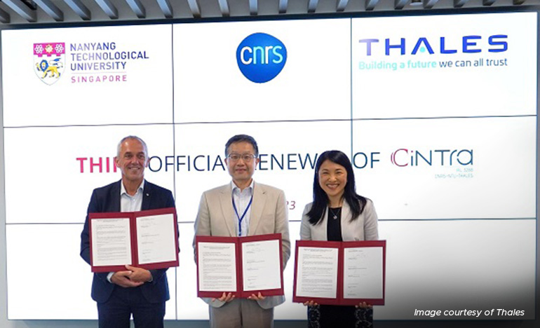 Above, from left: Professor Antoine Petit, President of CNRS; Professor Luke Ong, Vice President Research, NTU; and CEO & Country Director, Thales Singapore, Emily Tan. Photo: Thales.