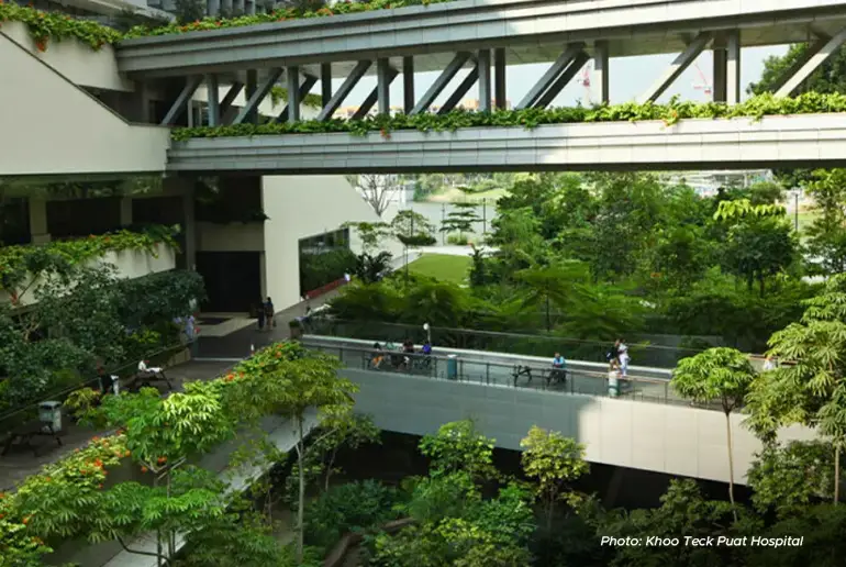 Khoo Teck Puat Hospital is one of several public hospitals in Singapore and features a biophilic design.