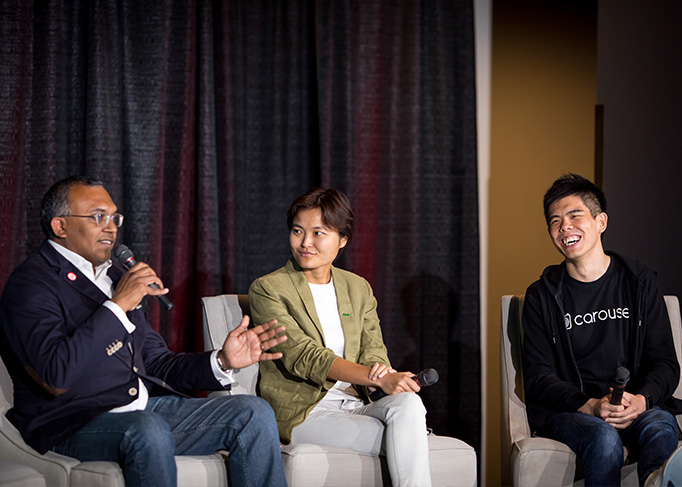 (from left) Kiren Kumar, Assistant Managing Director of the Singapore Economic Development Board, Tan Hooi Ling, Co-Founder of Grab, Quek Siu Rui, Co-Founder of Carousell, speaking at a panel on opportunities in Southeast Asia at the Singapore Tech Forum held earlier this year in San Francisco.